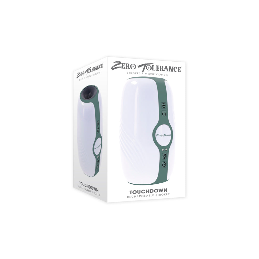 White and green Zero Tolerance Touchdown rechargeable stroker on a box.
