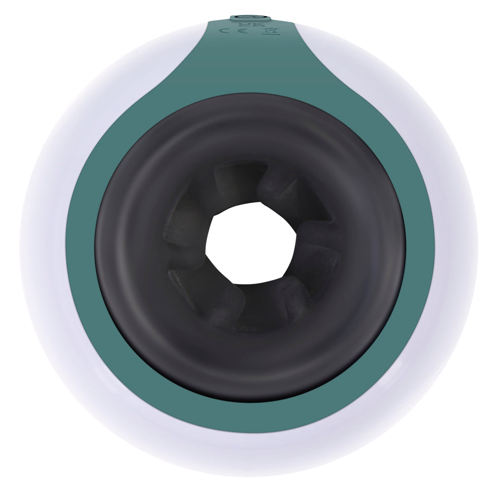 A white and teal rechargeable stroker with a textured black interior.