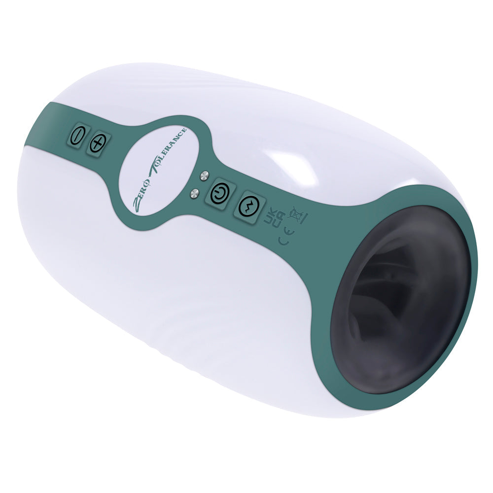 White and teal rechargeable stroker with buttons and a textured opening.