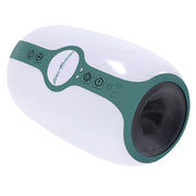 White and teal rechargeable stroker with buttons and a textured opening.