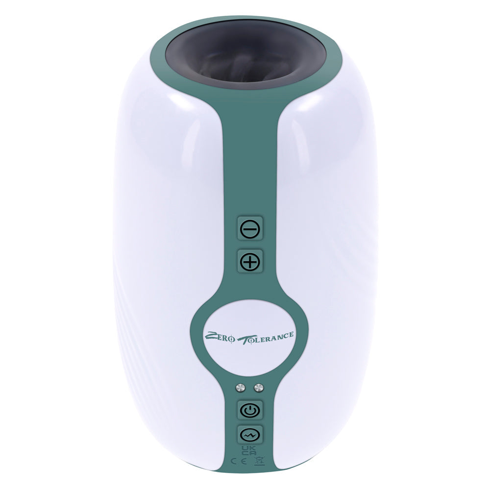 White and green rechargeable stroker with buttons and brand logo.