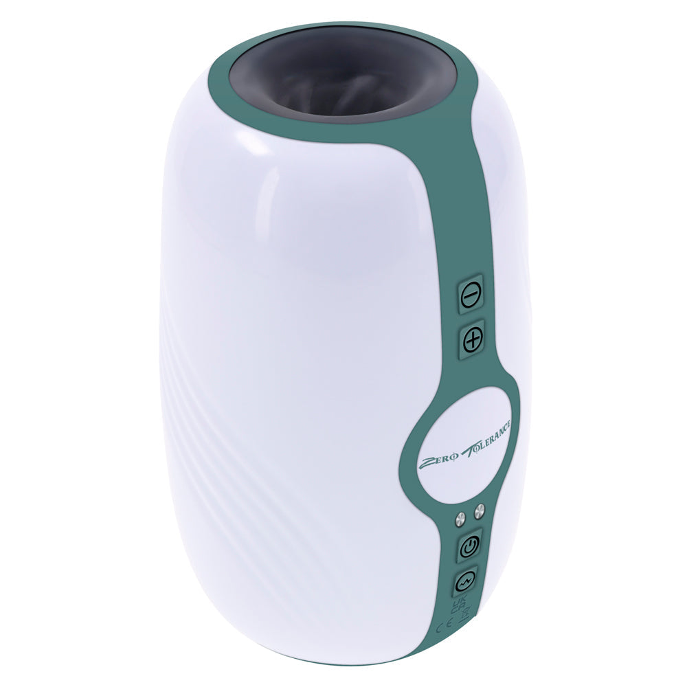White and teal rechargeable stroker with buttons and textured grip.