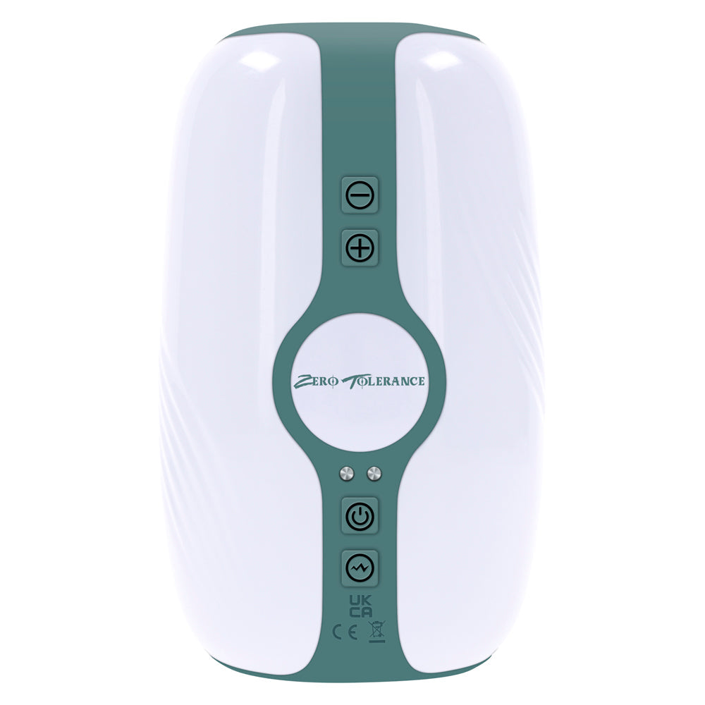 White and teal rechargeable stroker with buttons and brand logo.