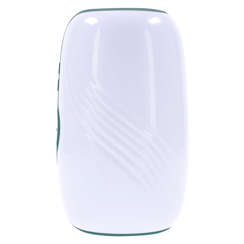 White rechargeable stroker with textured wavy pattern and green trim.