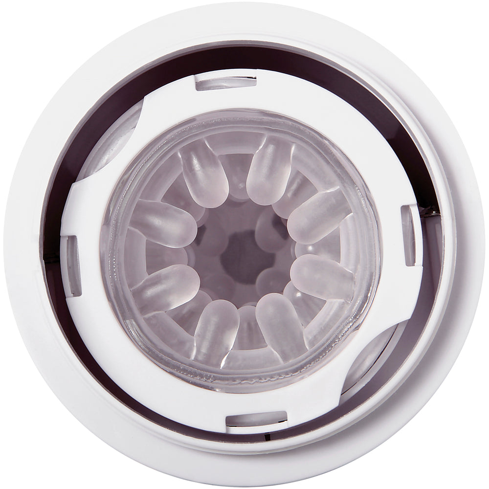 Rechargeable stroker with textured interior and white outer casing.