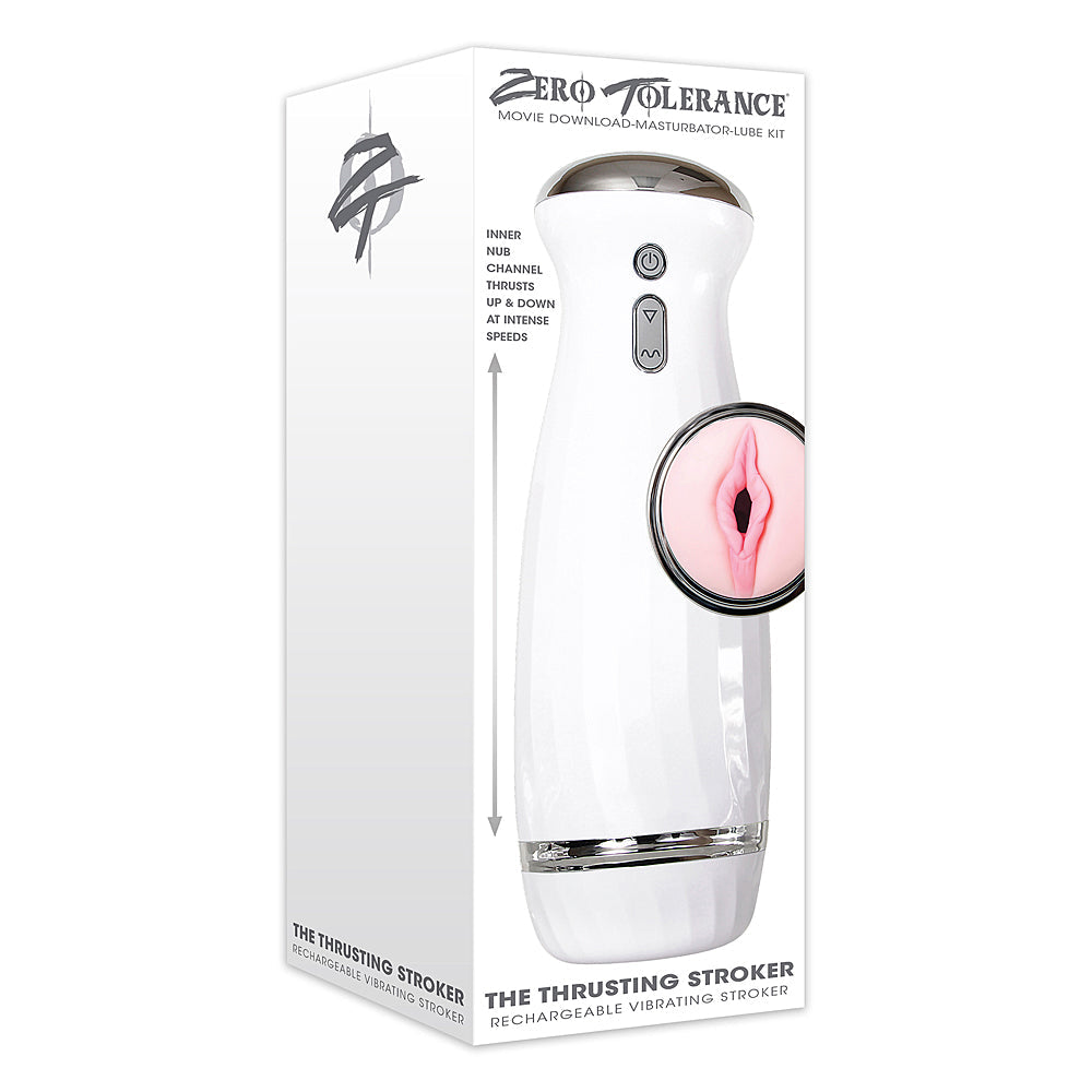 White rechargeable stroker with a realistic opening and "Zero Tolerance" branding.