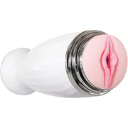 White rechargeable stroker with a realistic pink vaginal opening and chrome accents.