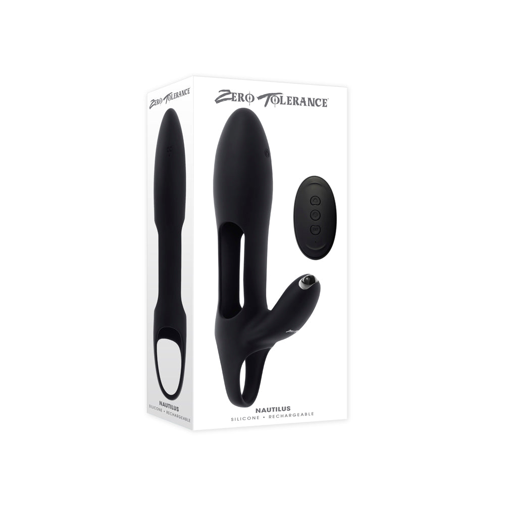 Black Nautilus vibrating sleeve with remote control and packaging.