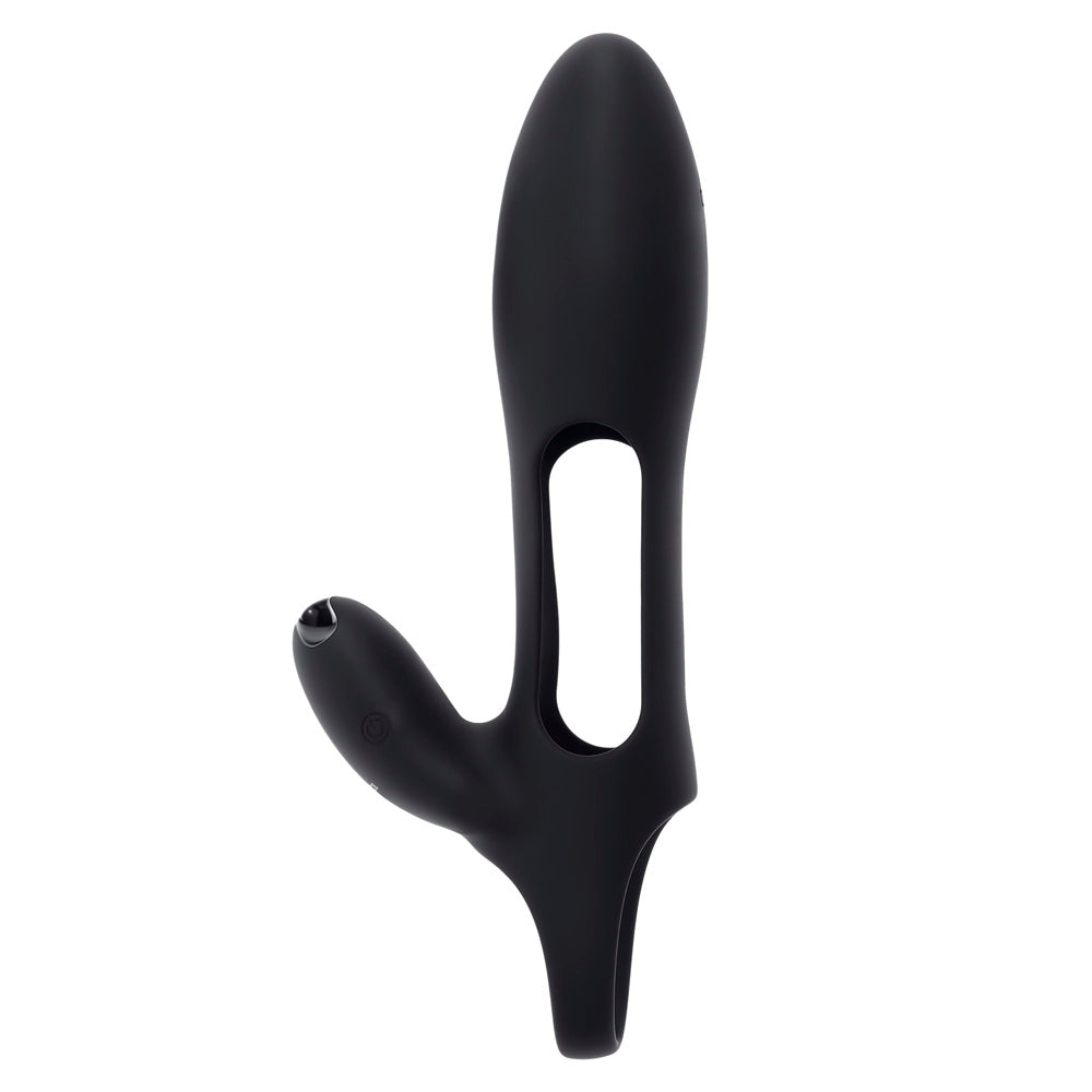 Black vibrating sleeve with a curved tip and a large cutout.