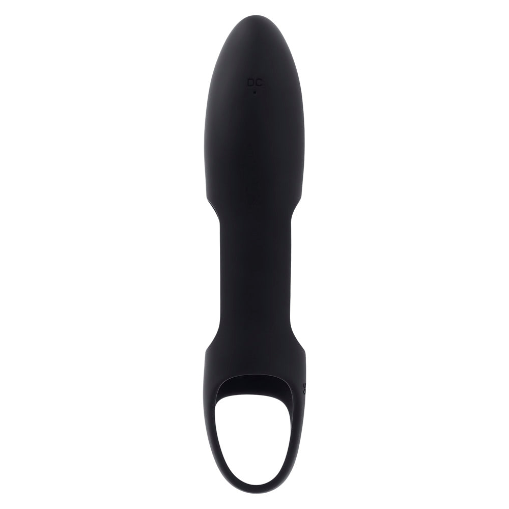 Black vibrating sleeve with a bulbous tip and a loop at the base.
