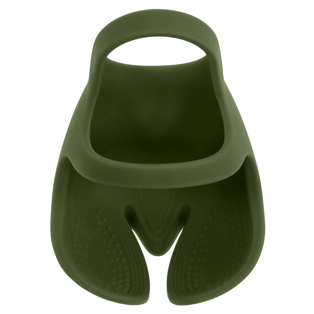 Green silicone ball ring with textured shield and handle.