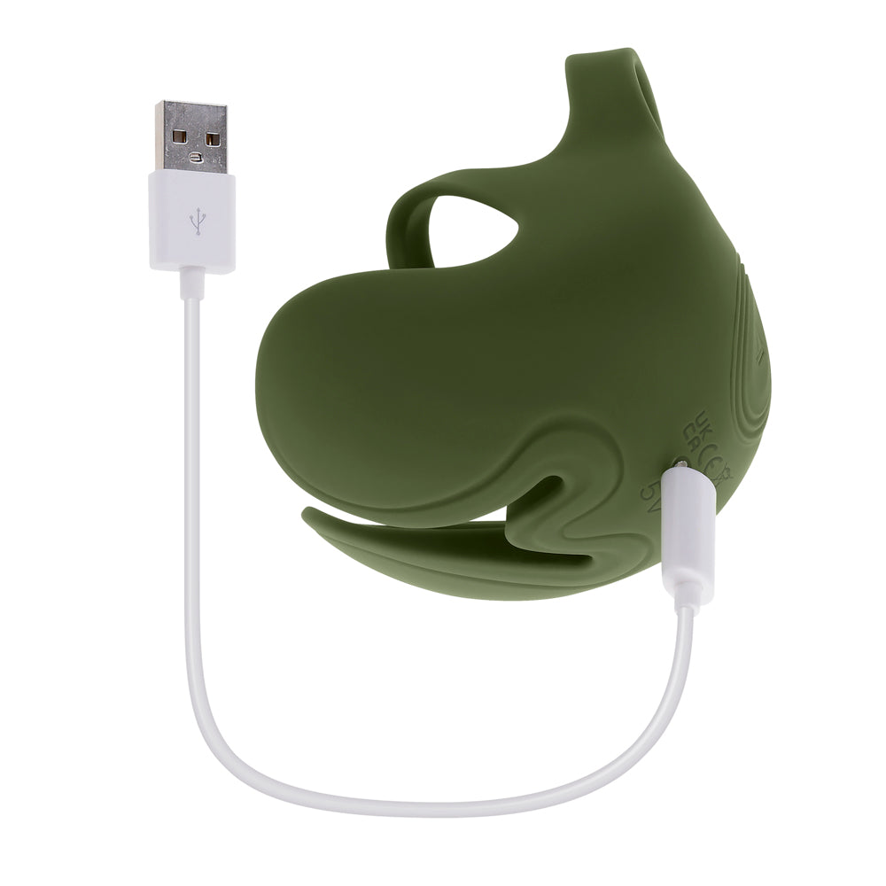 Green vibrating silicone ball ring with USB charging cable.