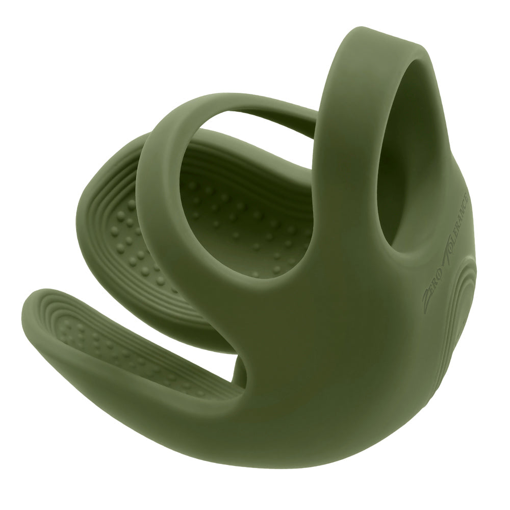 A green silicone vibrating ball ring with textured surfaces and a handle.