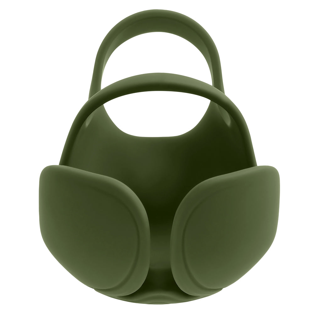 A green silicone ball ring with a textured shield and two handles.