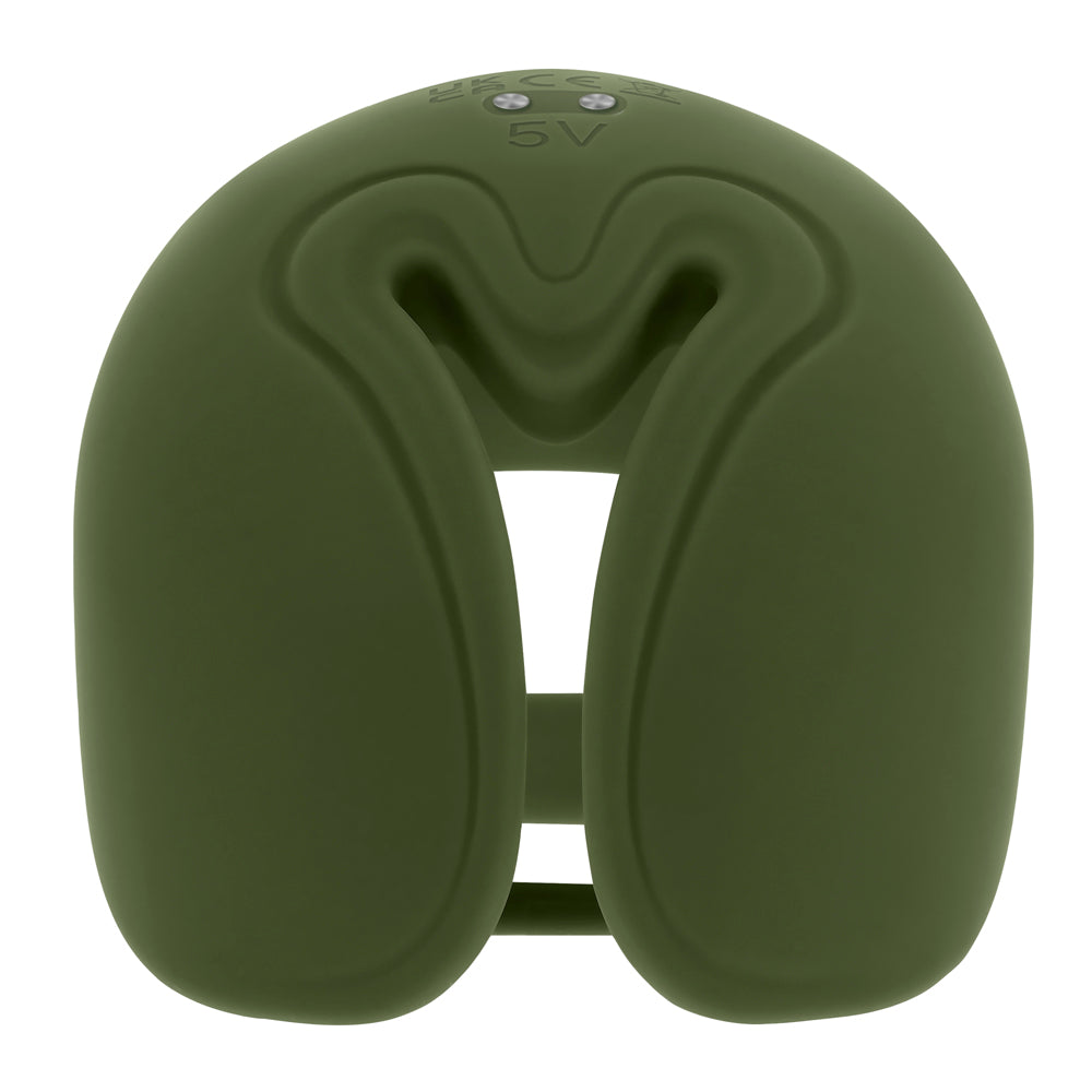 Green silicone vibrating ball ring with a U-shaped design.
