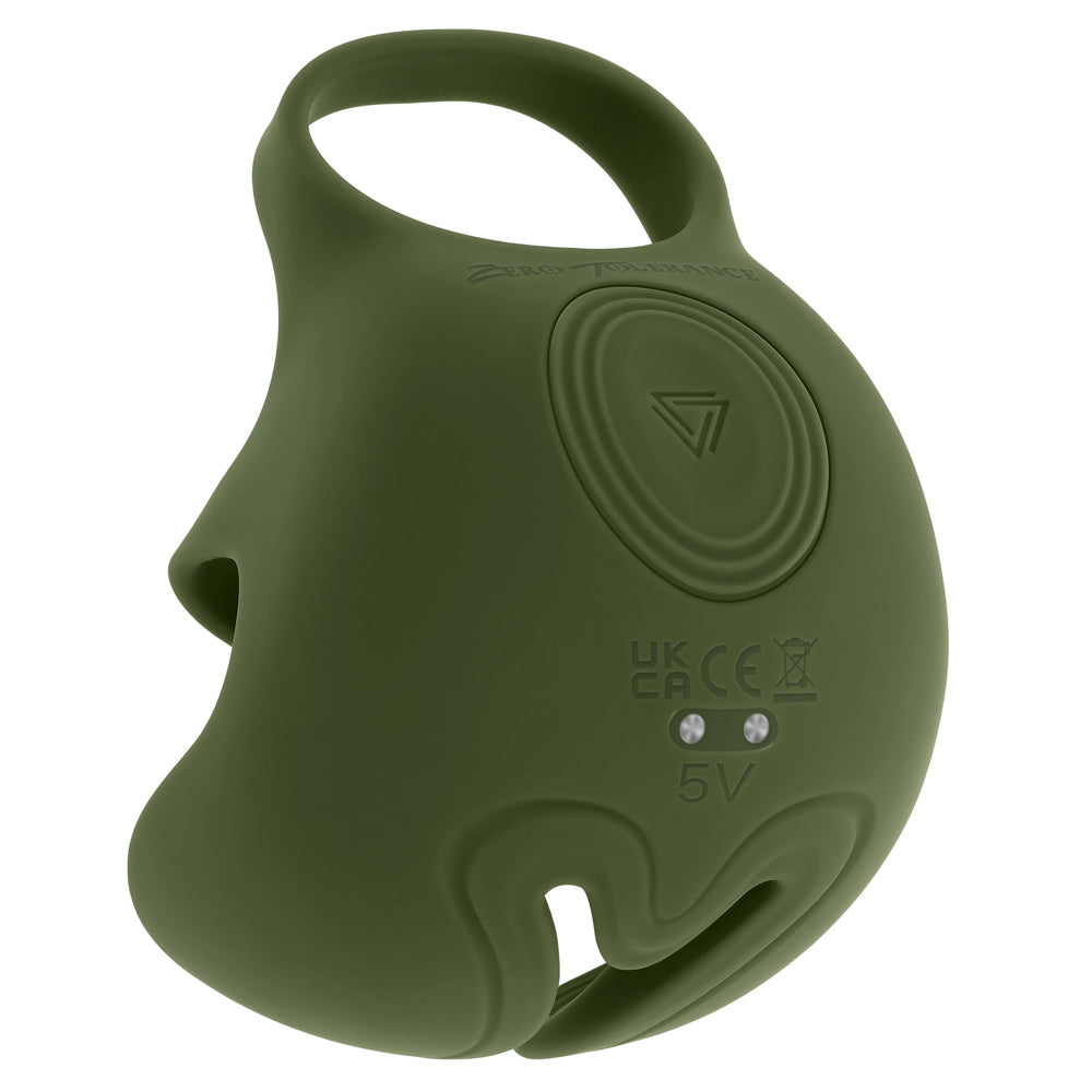 Green silicone ball ring with a textured button and "Zero Tolerance" branding.