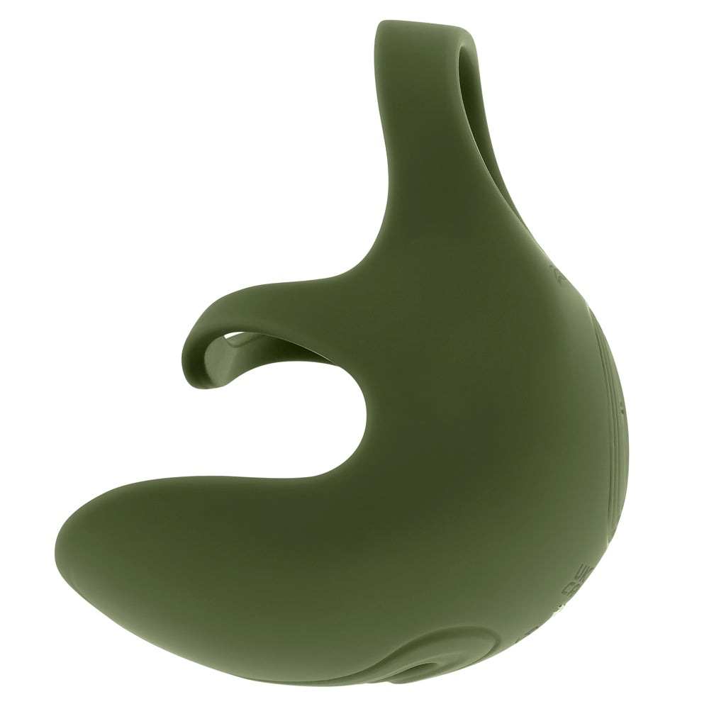 A green vibrating silicone ball ring with a textured shield.