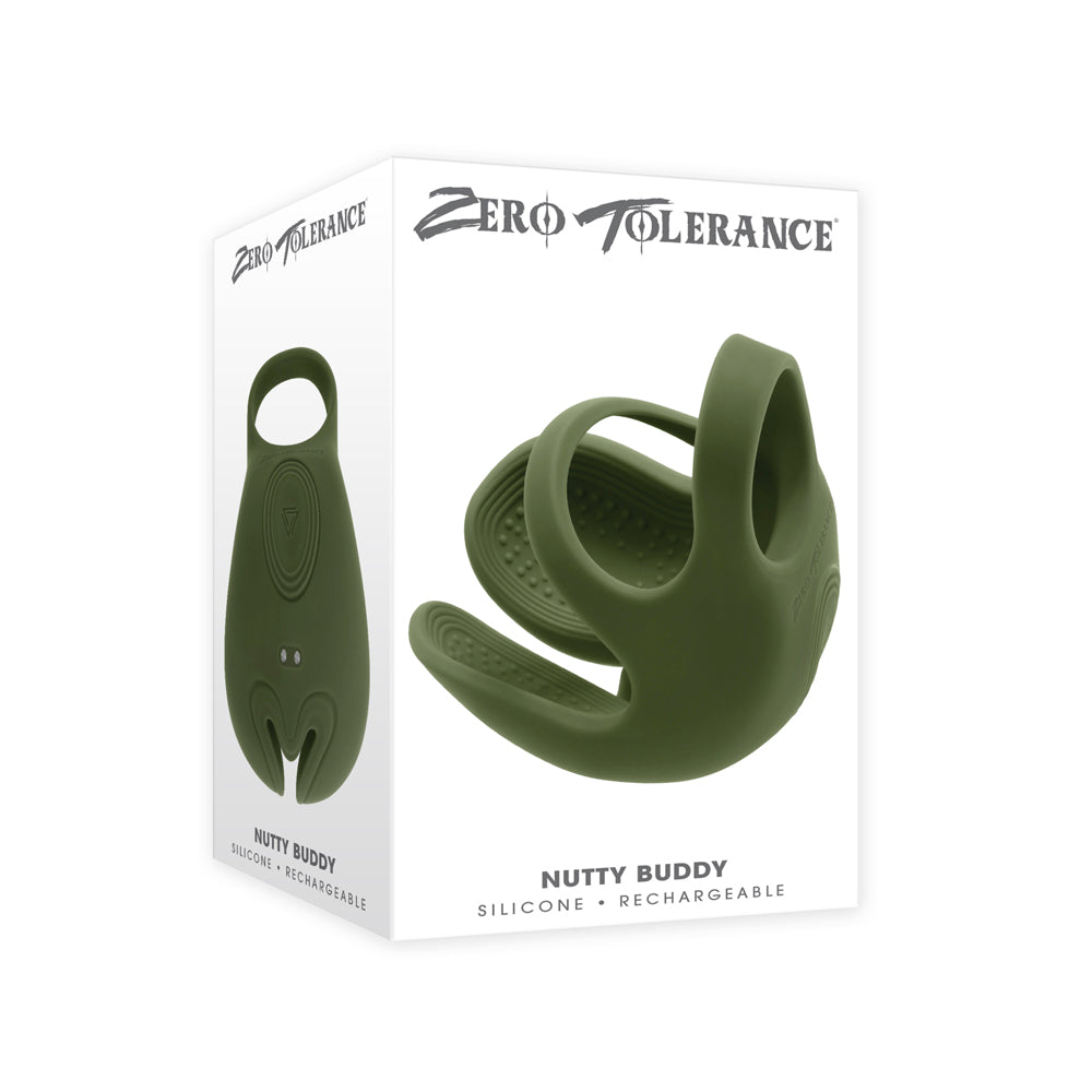 A green silicone Nutty Buddy vibrating ball ring on its packaging.