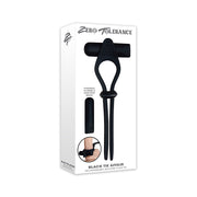 Adjustable vibrating cock ring made of black silicone with a textured platform and bullet.