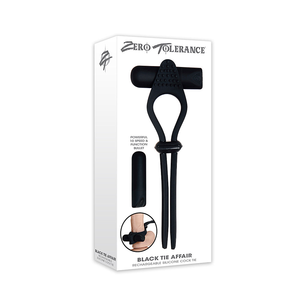 Adjustable vibrating cock ring made of black silicone with a textured platform and bullet.