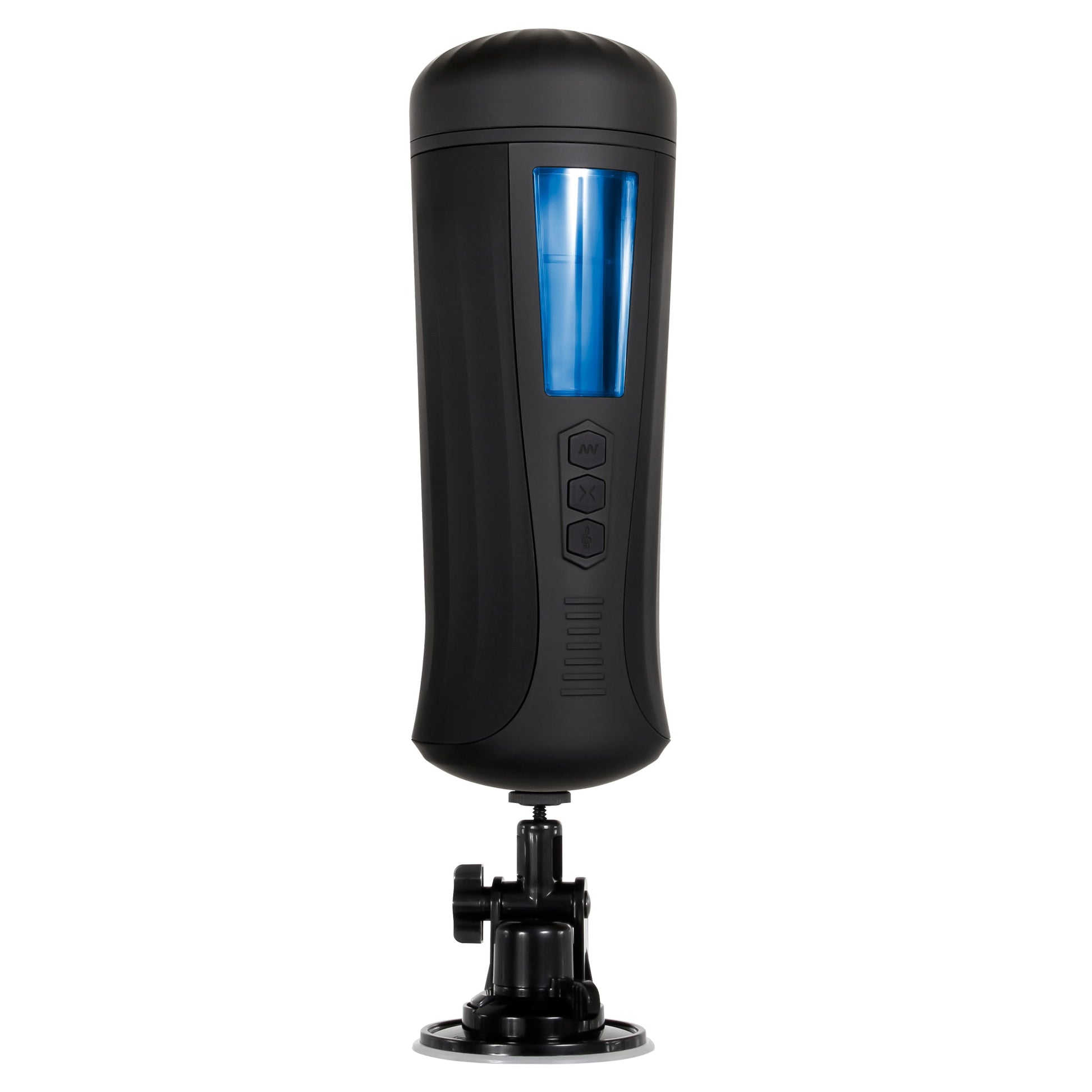 Black vibrating male stroker with blue window and suction cup base.