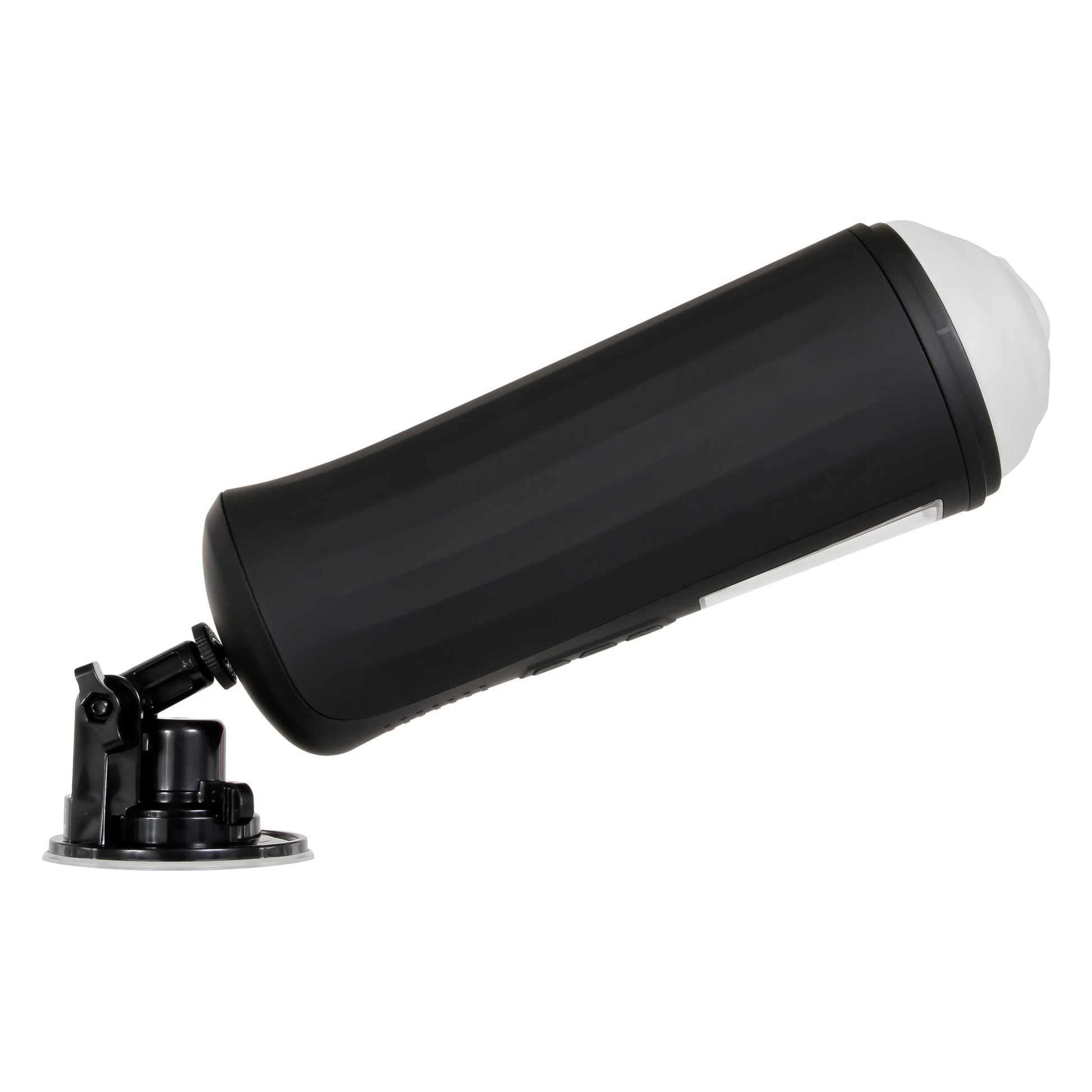 Black vibrating male stroker with a suction cup base.