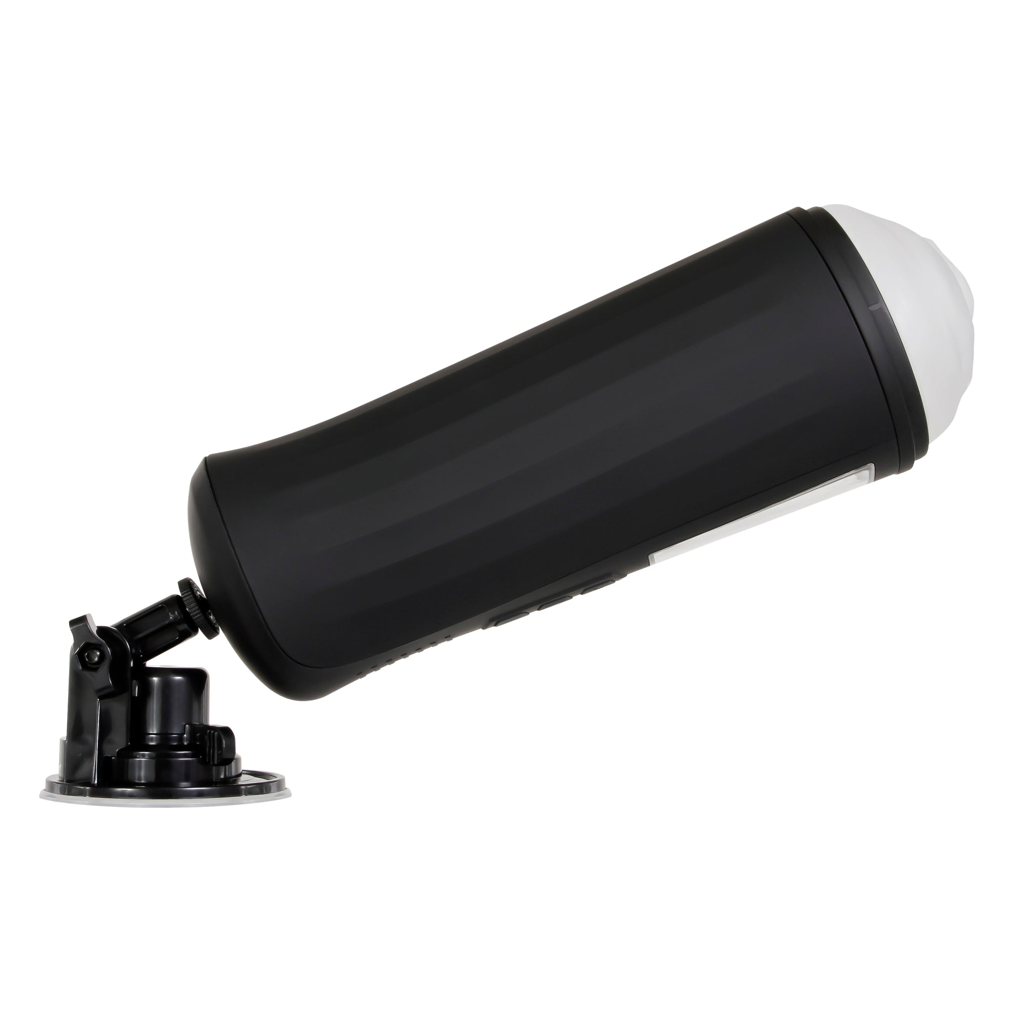 Black vibrating male stroker with a suction cup base.