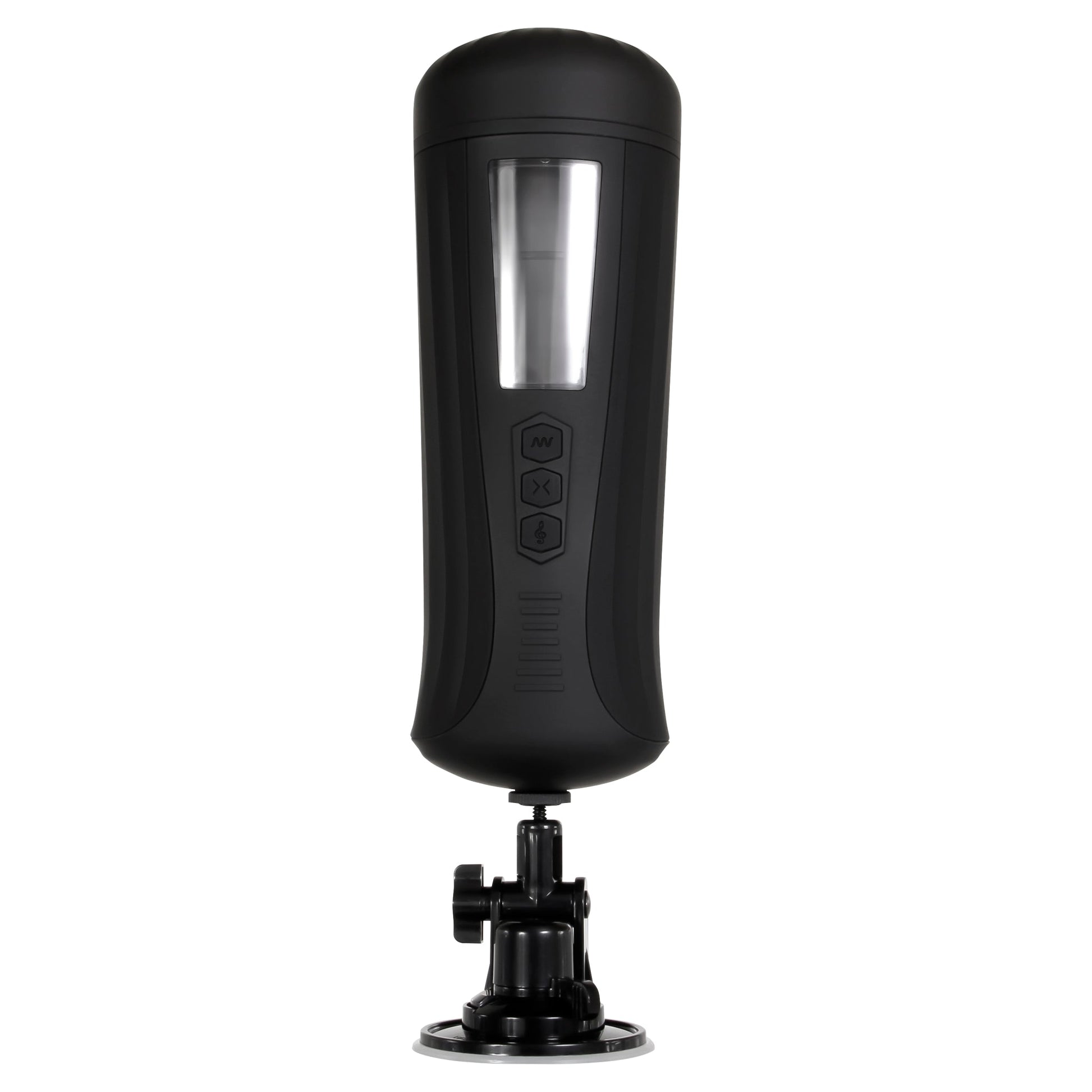 Black vibrating male stroker with a suction cup base.