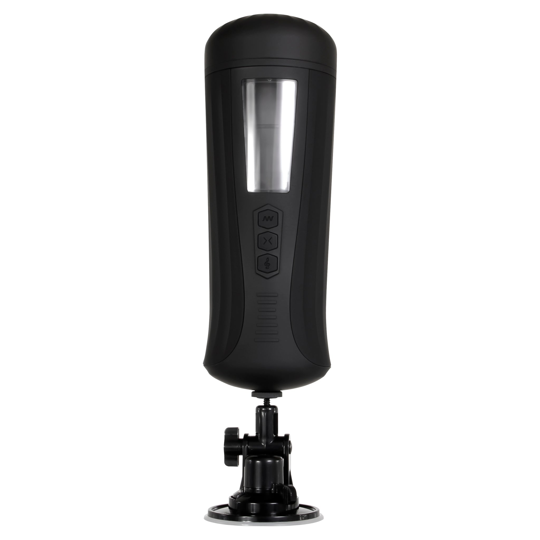 Black vibrating male stroker with a suction cup base.