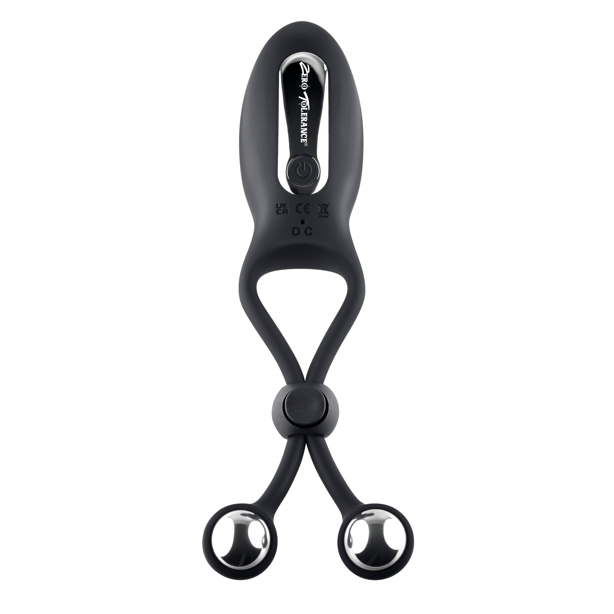 Black adjustable cock ring with steel balls and a power button.