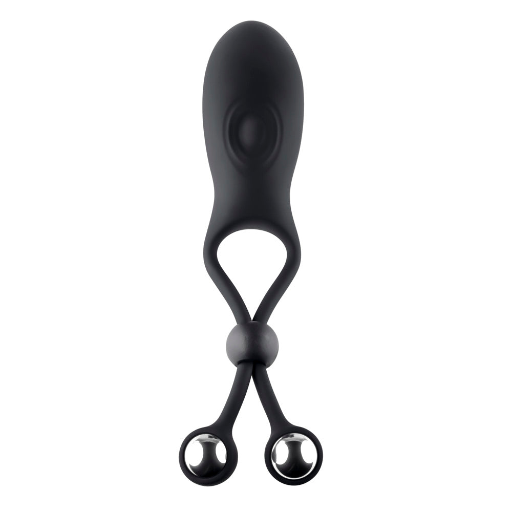 Black adjustable cock ring with steel balls.