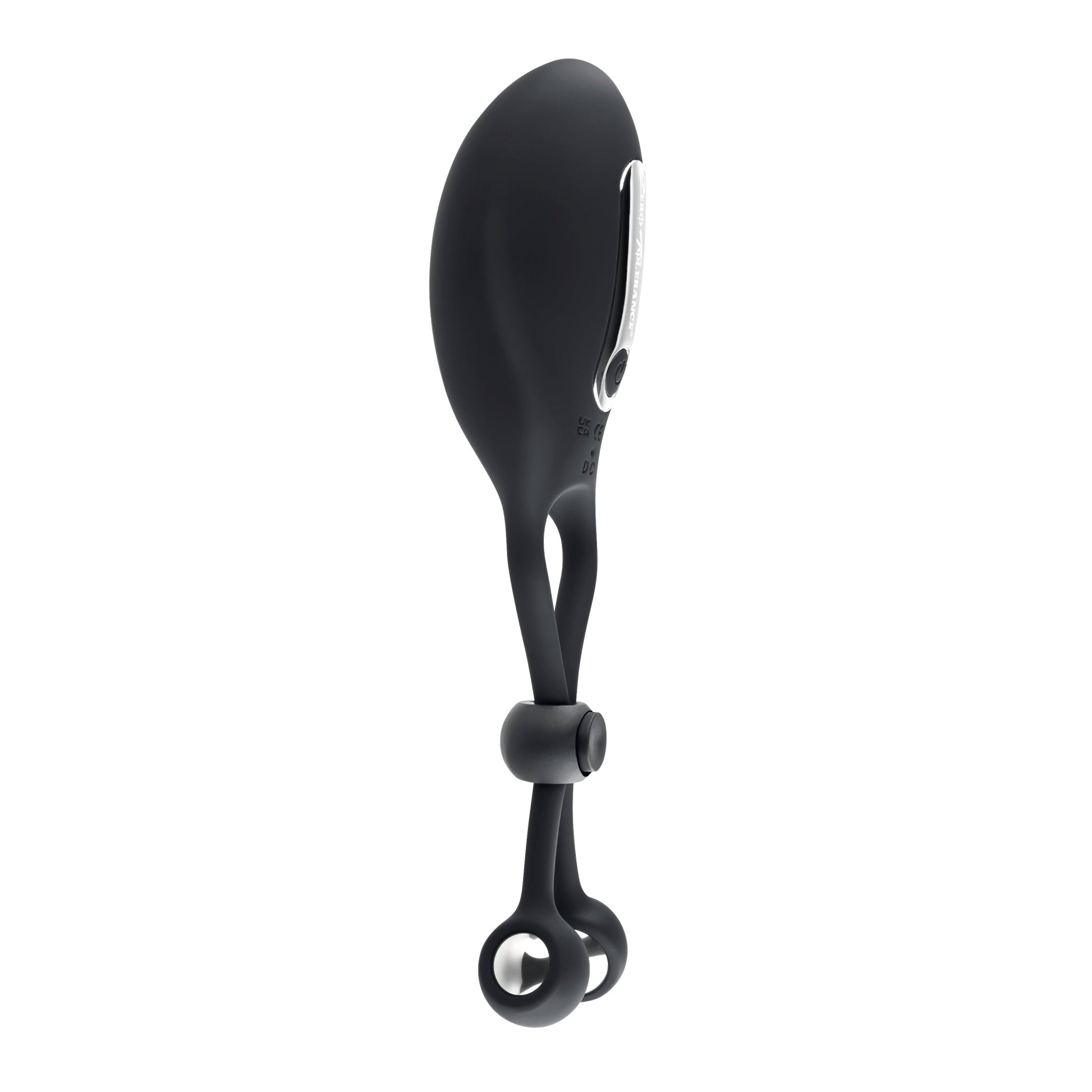Black adjustable cock ring with steel balls and a drawstring closure.