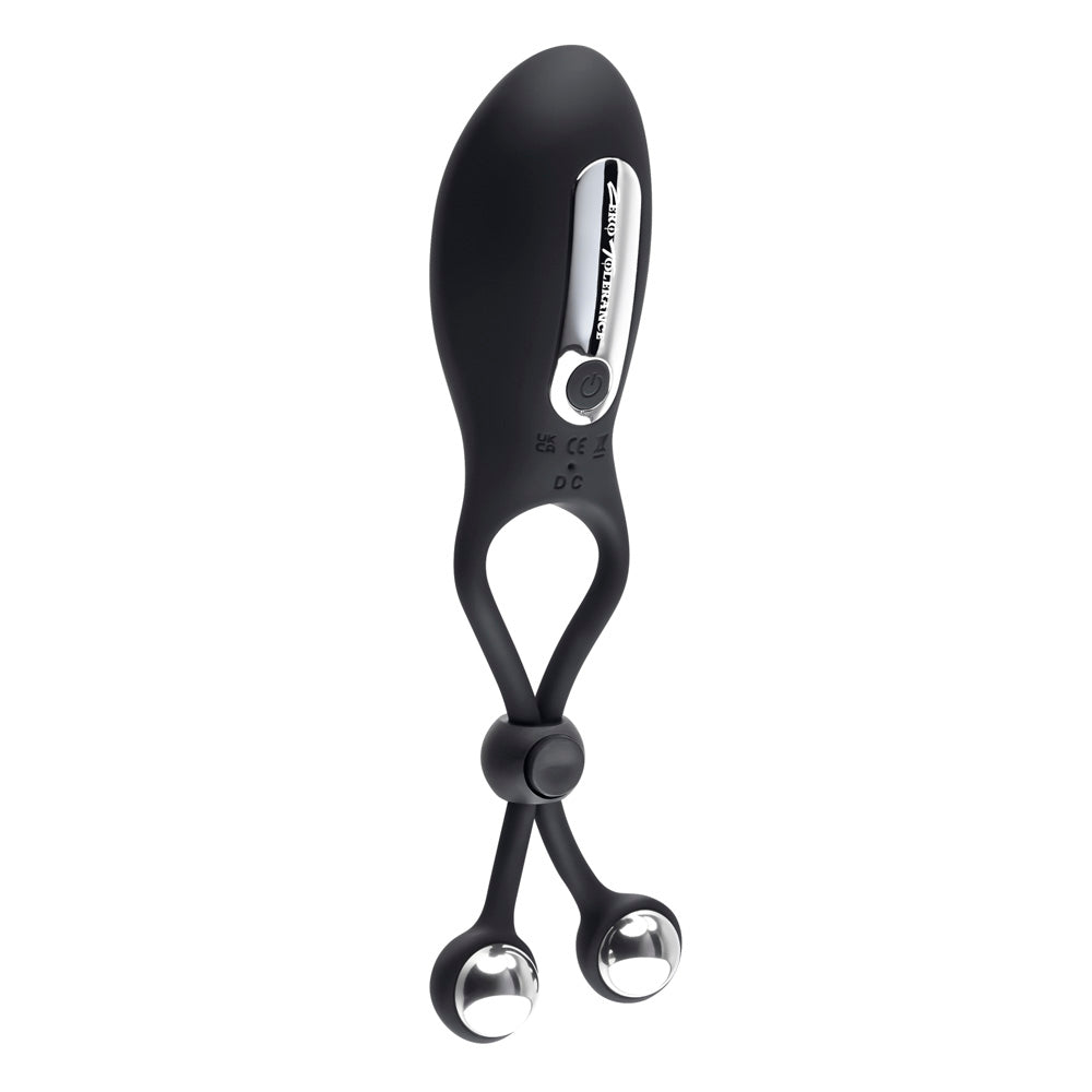 Black adjustable tapping cock ring with steel balls.