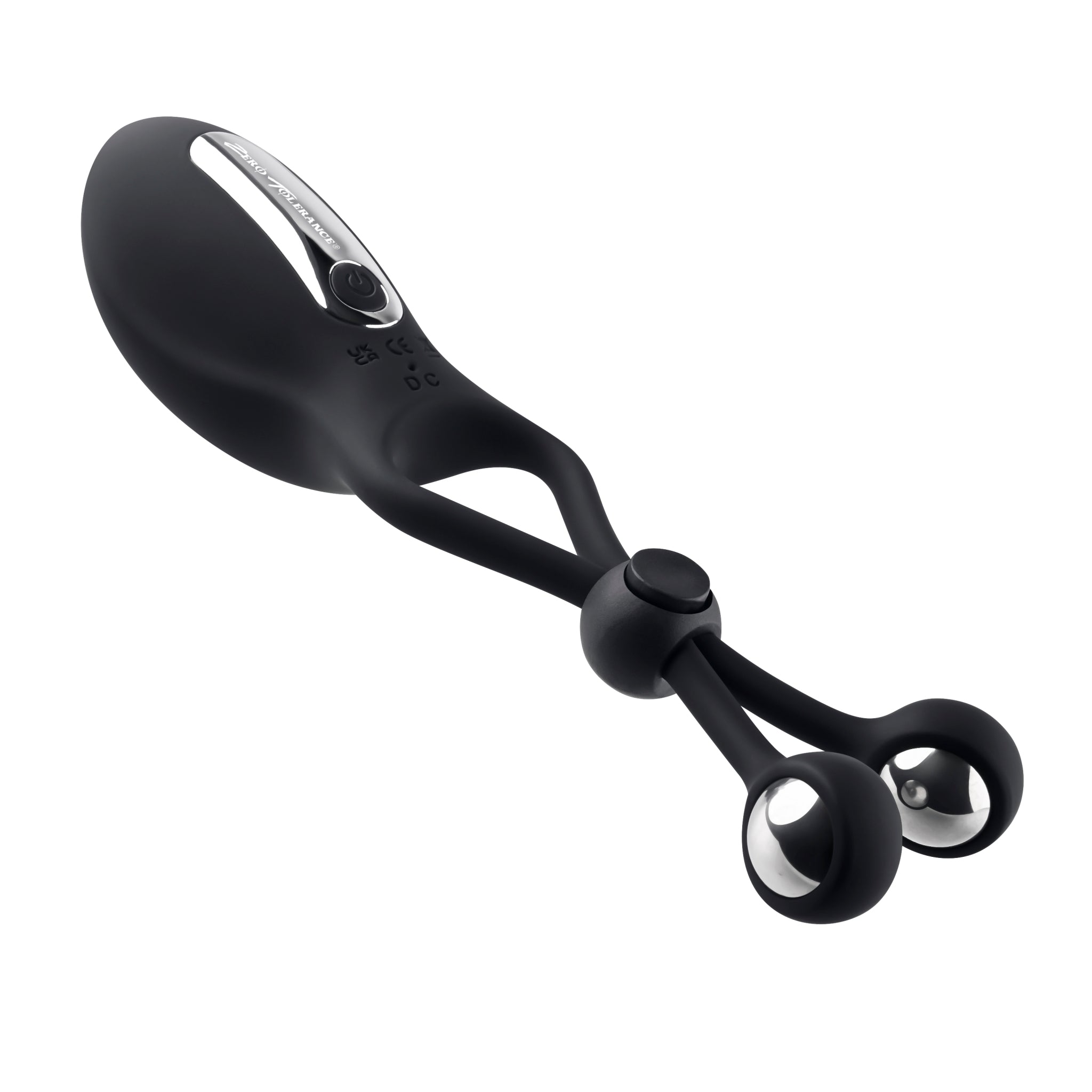 Black adjustable cock ring with steel balls and a power button.