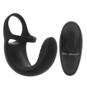 Black vibrating ball cradle cock ring with a remote control.