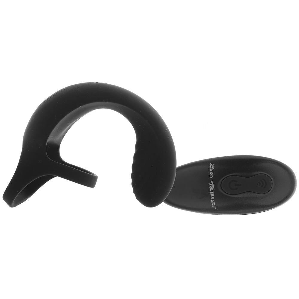 Black vibrating ball cradle cock ring with remote control.