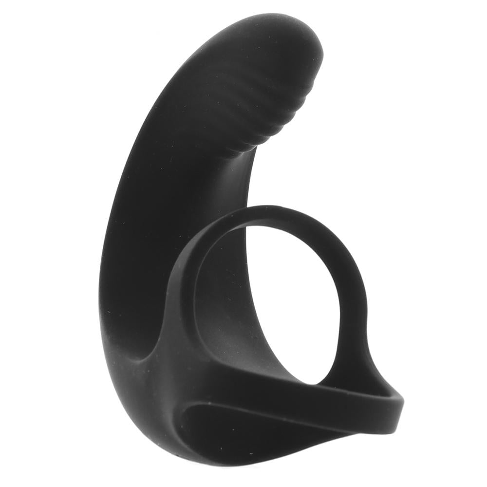 Black vibrating ball cradle cock ring with a textured tip.