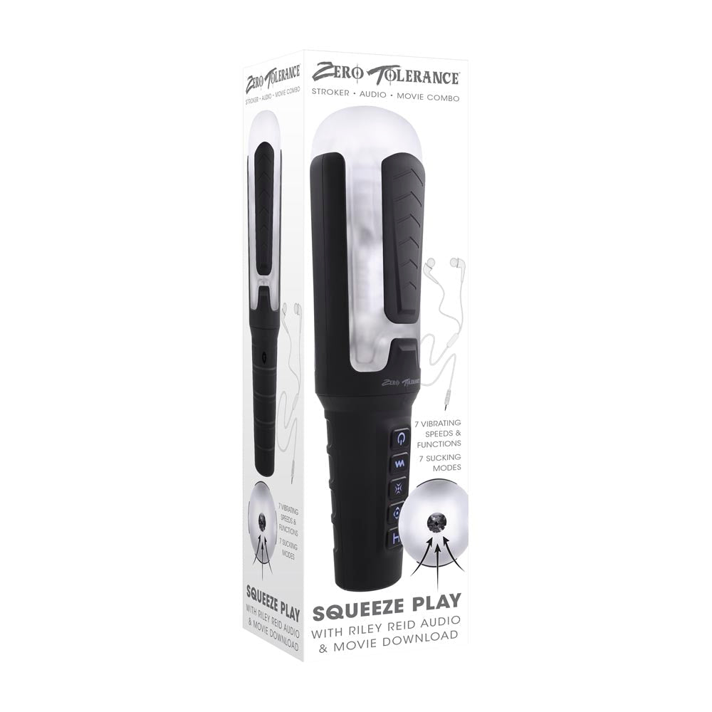 A black and white stroker with a clear sleeve, earbuds, and text indicating 7 vibrating speeds and 7 sucking modes.