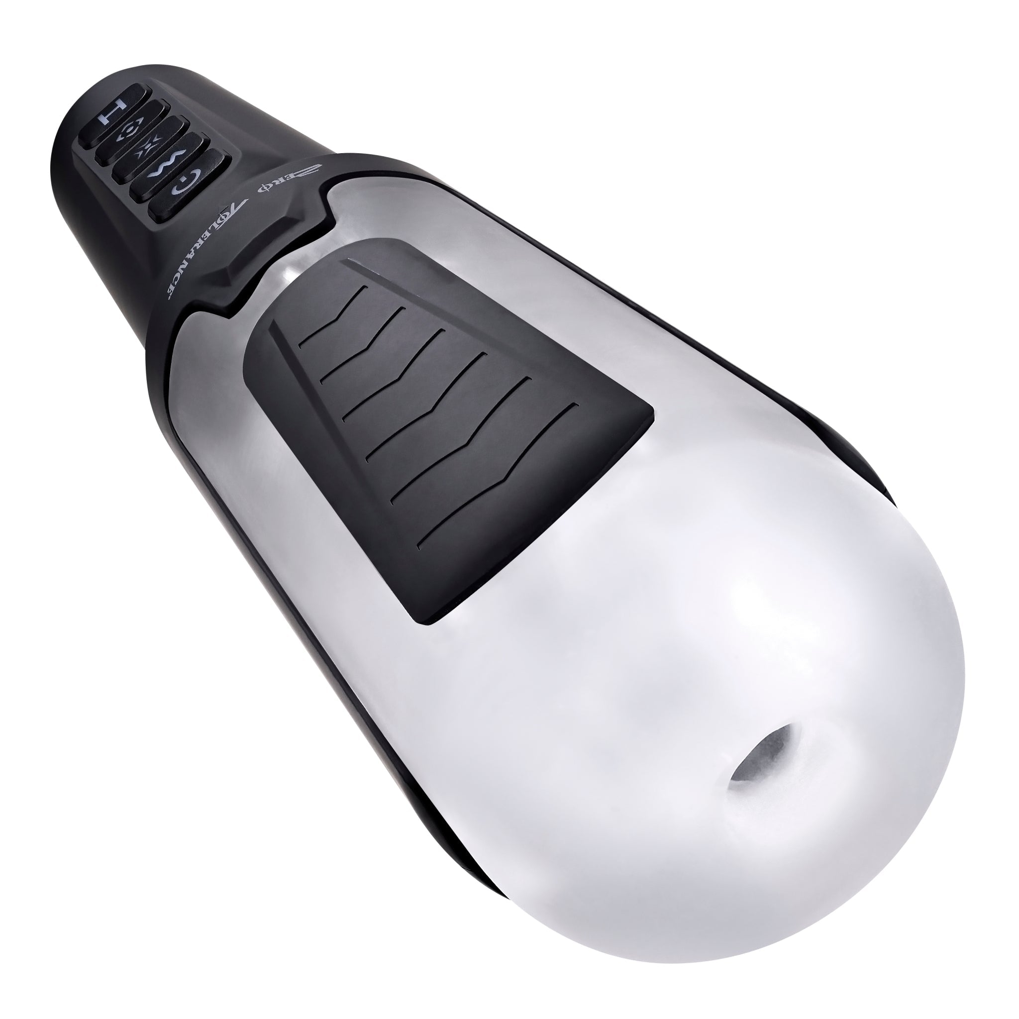 A black and silver vibrating stroker with buttons and a textured grip.