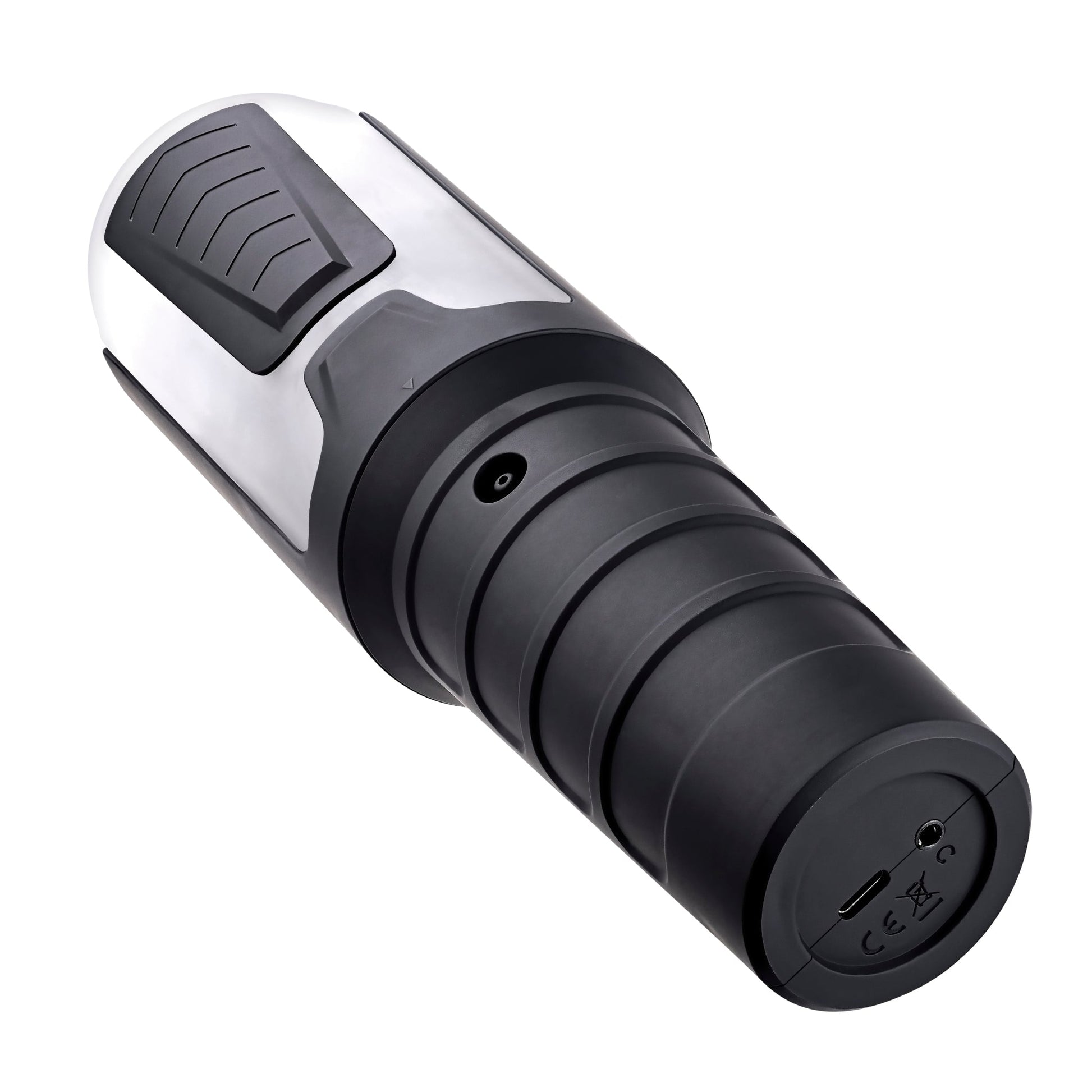 Black and silver vibrating stroker with textured grip and USB port.
