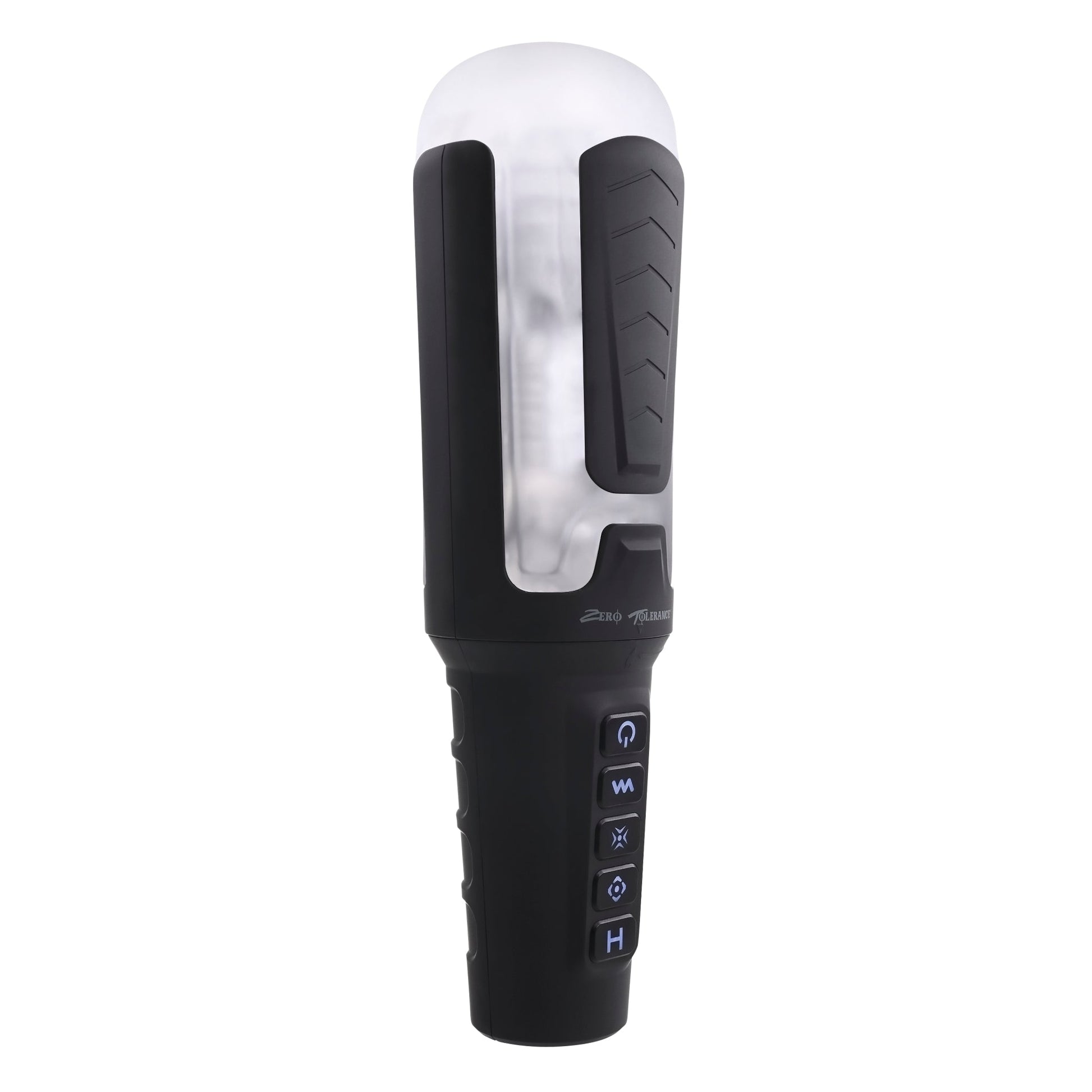 Black and white vibrating stroker with buttons and a clear insert.