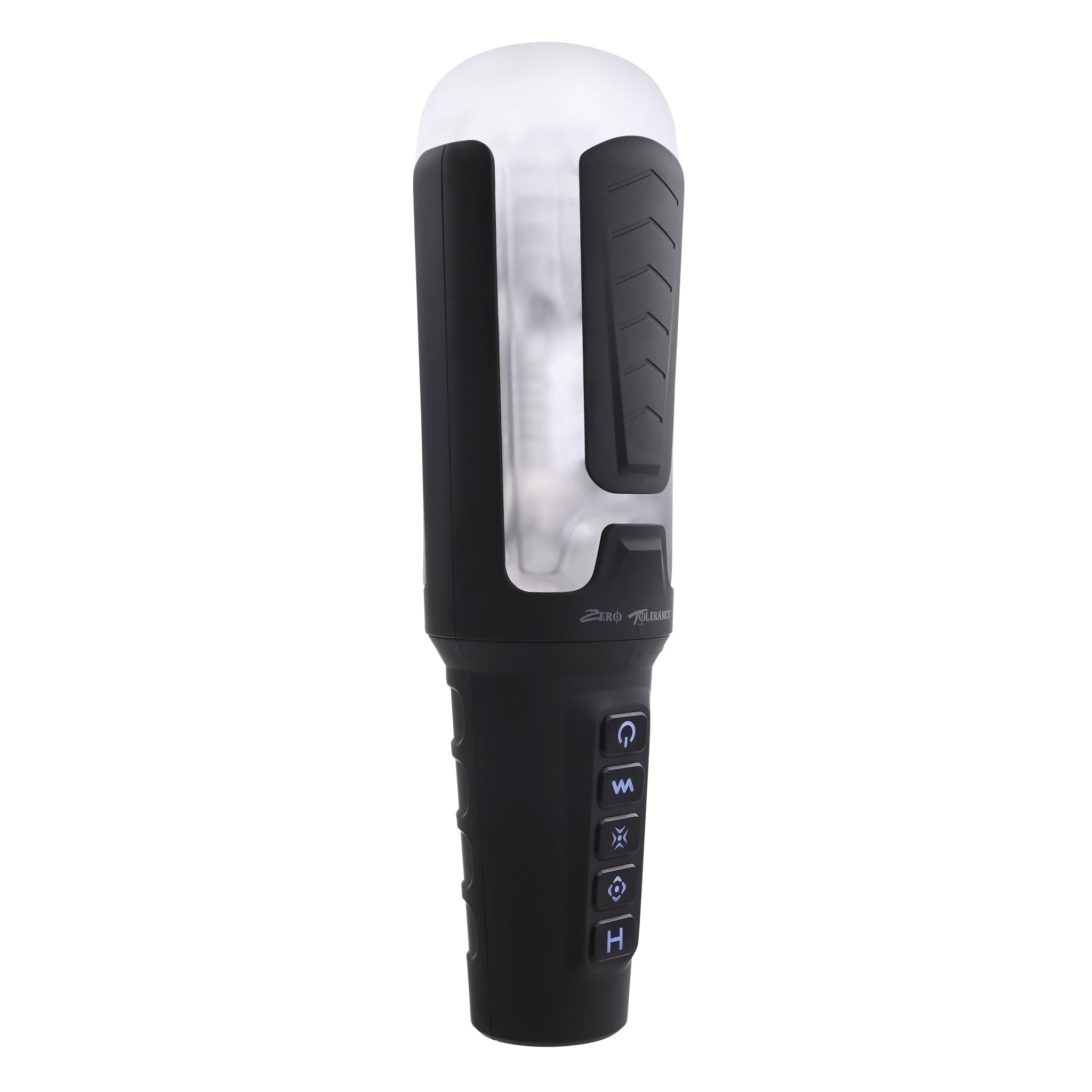 Black and white vibrating stroker with buttons and a clear insert.