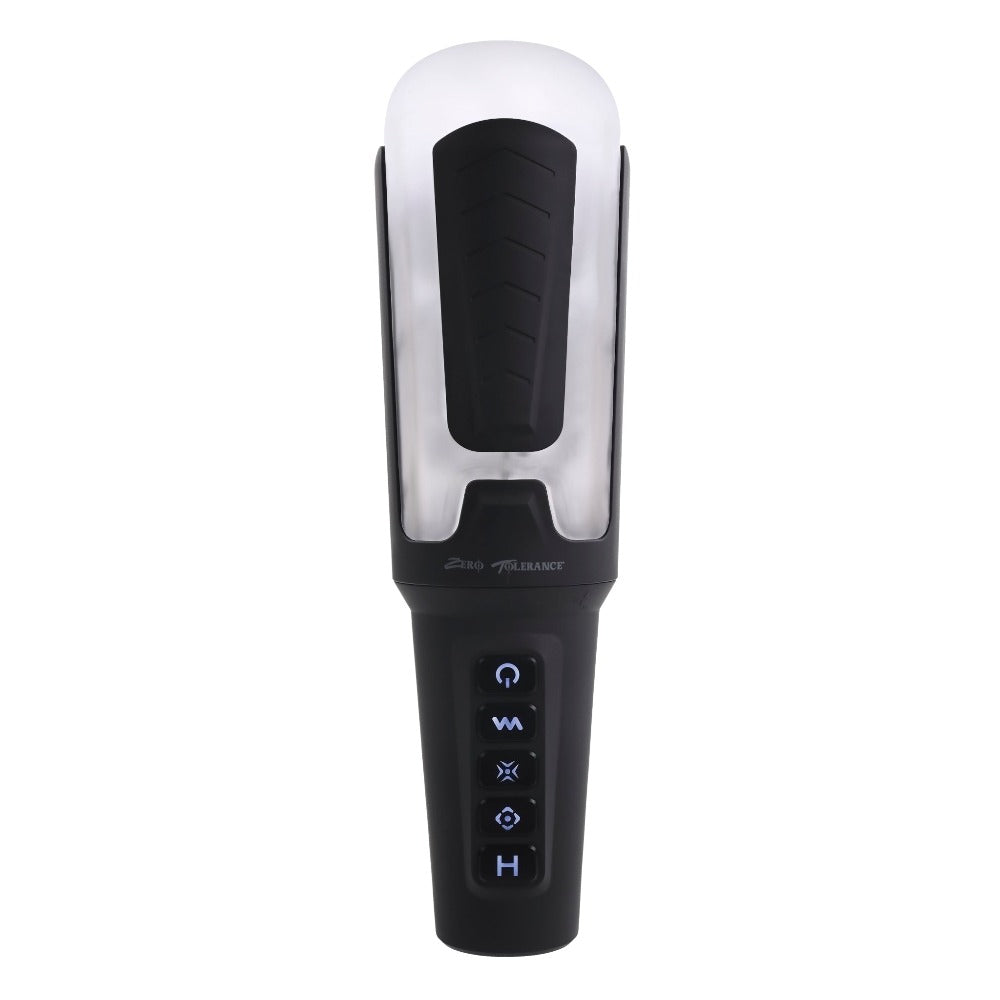 A black and silver vibrating stroker with buttons and the text "ZERO TOLERANCE".