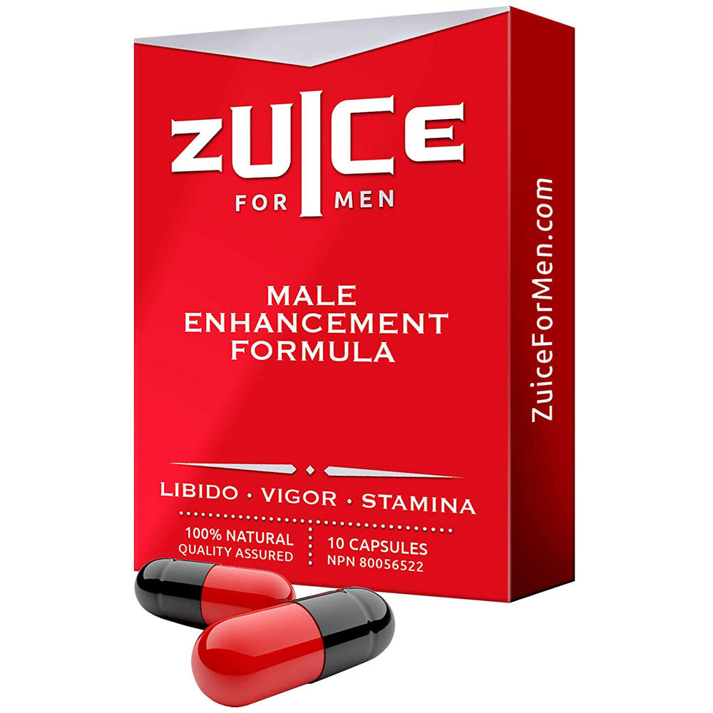 A box of Zuice For Men male enhancement formula with two red and black capsules.