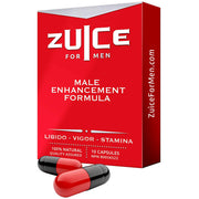 A box of Zuice For Men male enhancement formula with two red and black capsules.