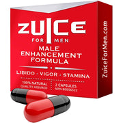 A box of Zuice For Men male enhancement supplement with two red and black capsules.