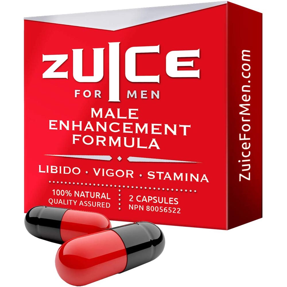 A box of Zuice For Men male enhancement supplement with two red and black capsules.