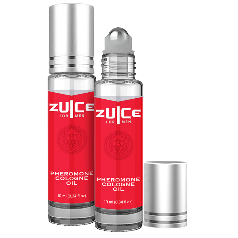 Two bottles of Zuice Pheromone Cologne Oil for Men with red labels and silver caps.