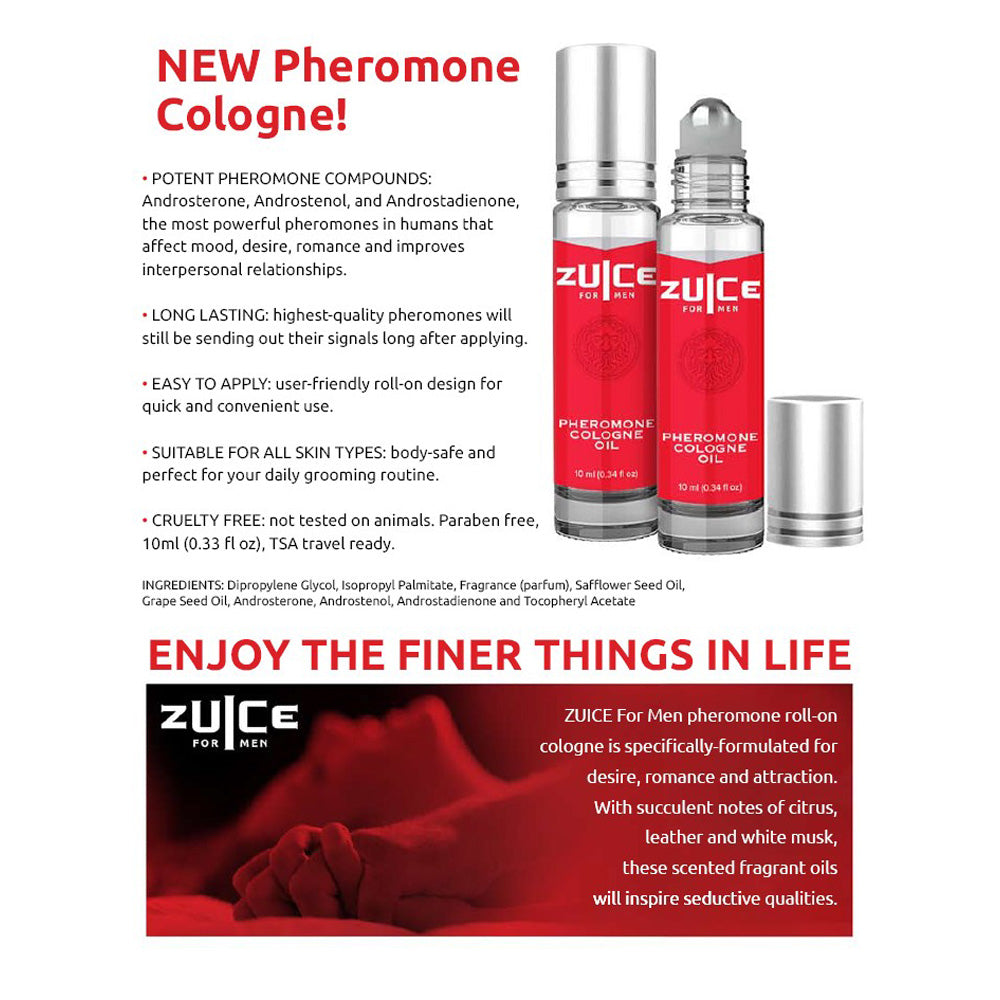 Two bottles of Zuice for Men pheromone cologne roll-on with red labels.