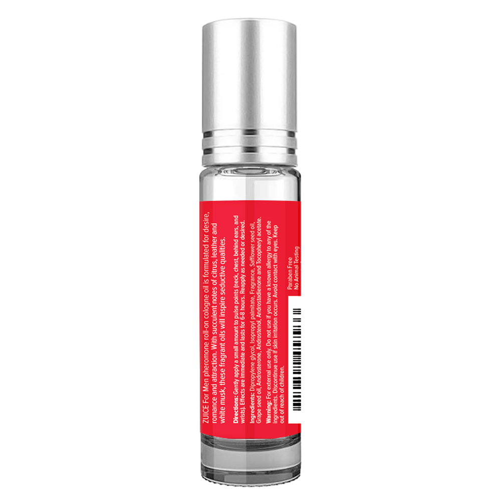A clear roll-on bottle of men's pheromone cologne with a red label.